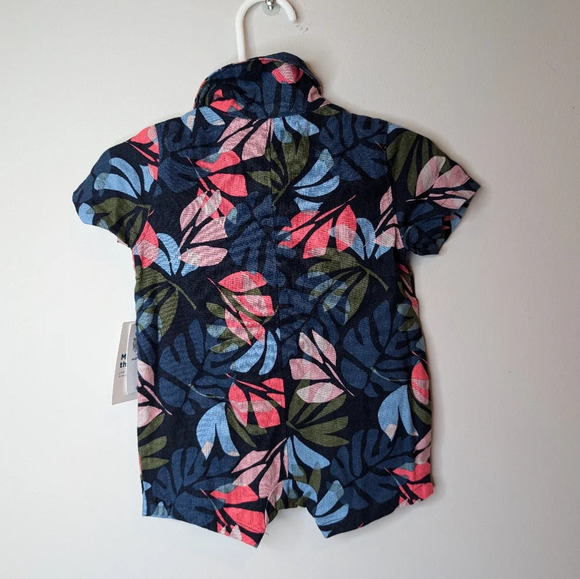 NWT Old Navy Tropical Printed Short-Sleeve Linen-Blend Utility Romper Baby 0-3 - Picture 2 of 5